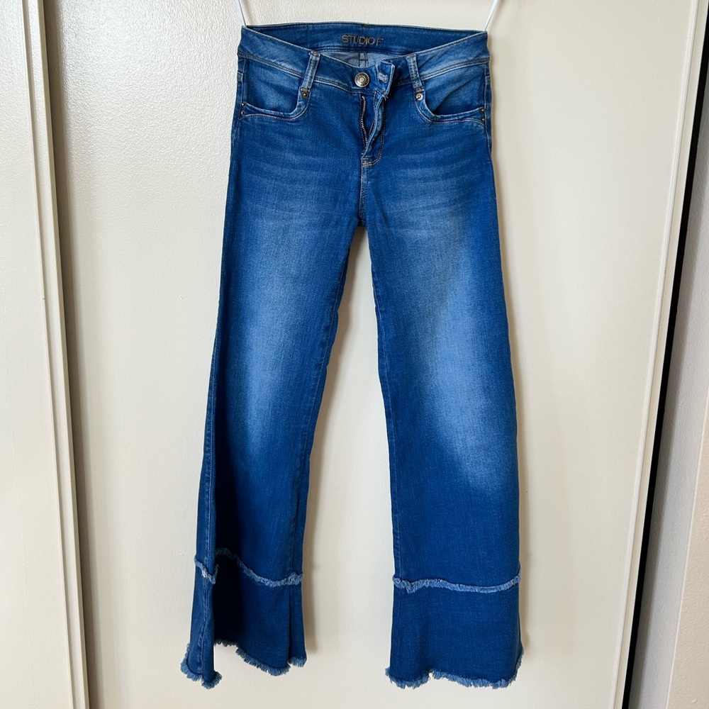 Blue Flare Wide Leg Jeans with Raw Hem